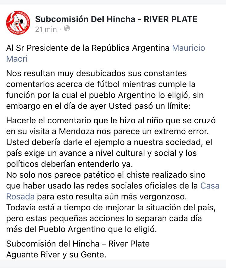 Mensaje de Subcomisión del hincha de River Plate a Macri