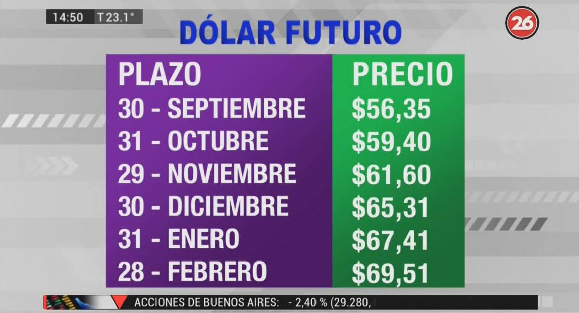 Dólar futuro, cotizaciones septiembre 2019 febrero 2020, economía argentina, CANAL 26