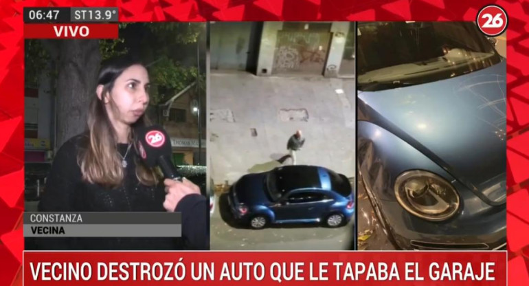 Ataque de furia: vecino destrozó auto mal estacionado frente a su garaje, Canal 26	