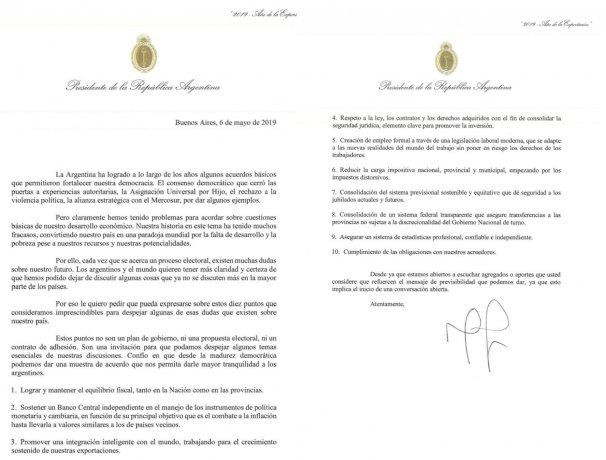 Carta que el Gobierno de Macri envió a la oposición