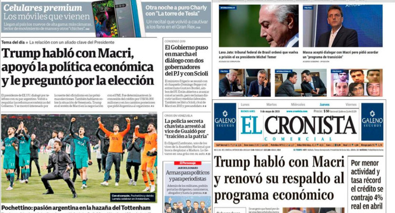 Tapas de diarios del 09-05-19 - Respaldo al llamado de Trump a Macri