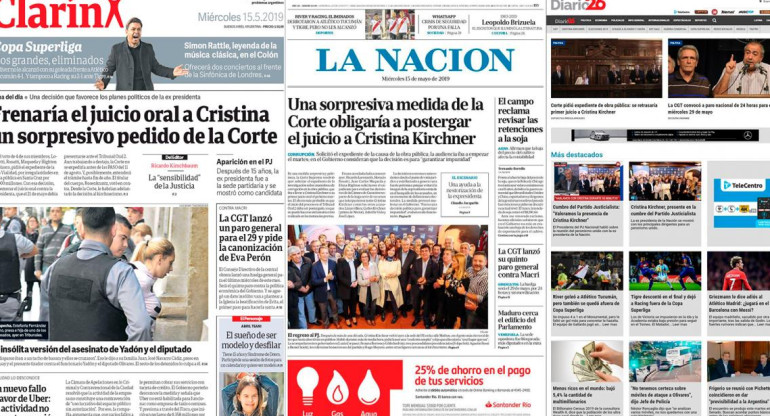 Portadas de Diarios Miércoles 15-05-19 - Fallo de la corte que postergaría juicio a Cristina Kirchner