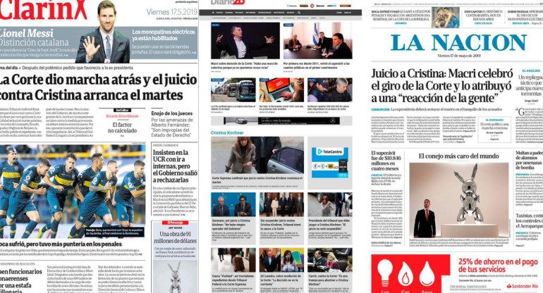 Portadas de diarios - viernes 17-05-19