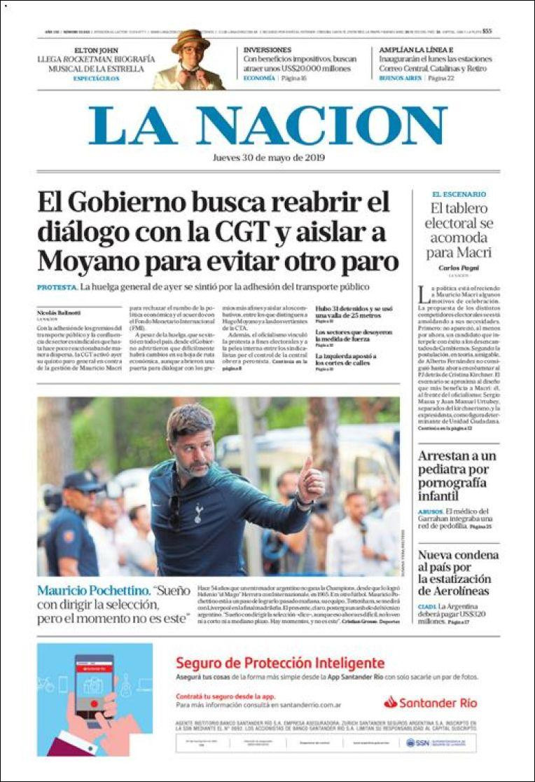 Tapa de diarios - La Nación jueves 30 de mayo de 2019