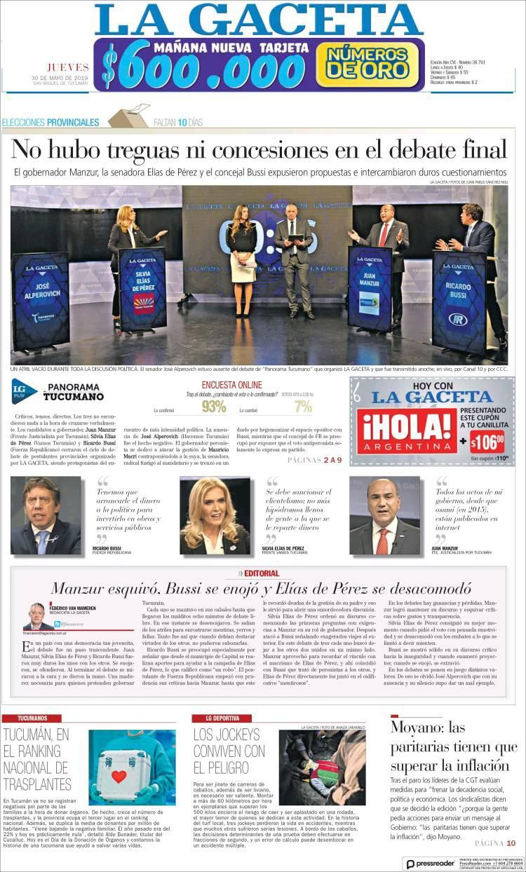 Tapa de diarios - La Gaceta jueves 30 de mayo de 2019