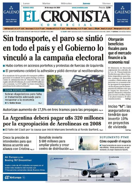 Tapa de diarios - El Cronista jueves 30 de mayo de 2019