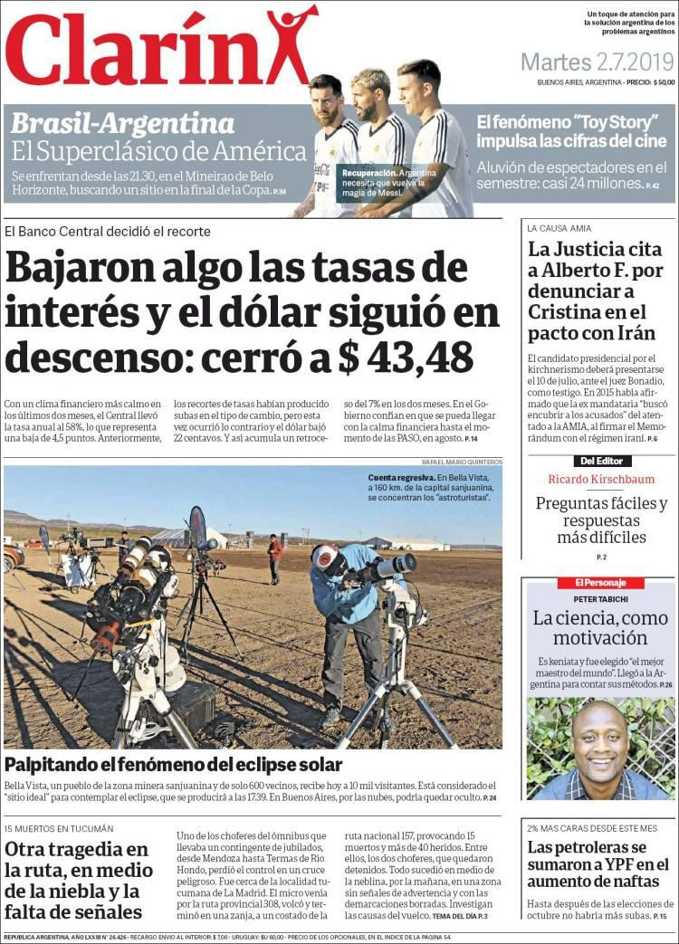 Tapas de diarios - Clarín Martes 2-07-19