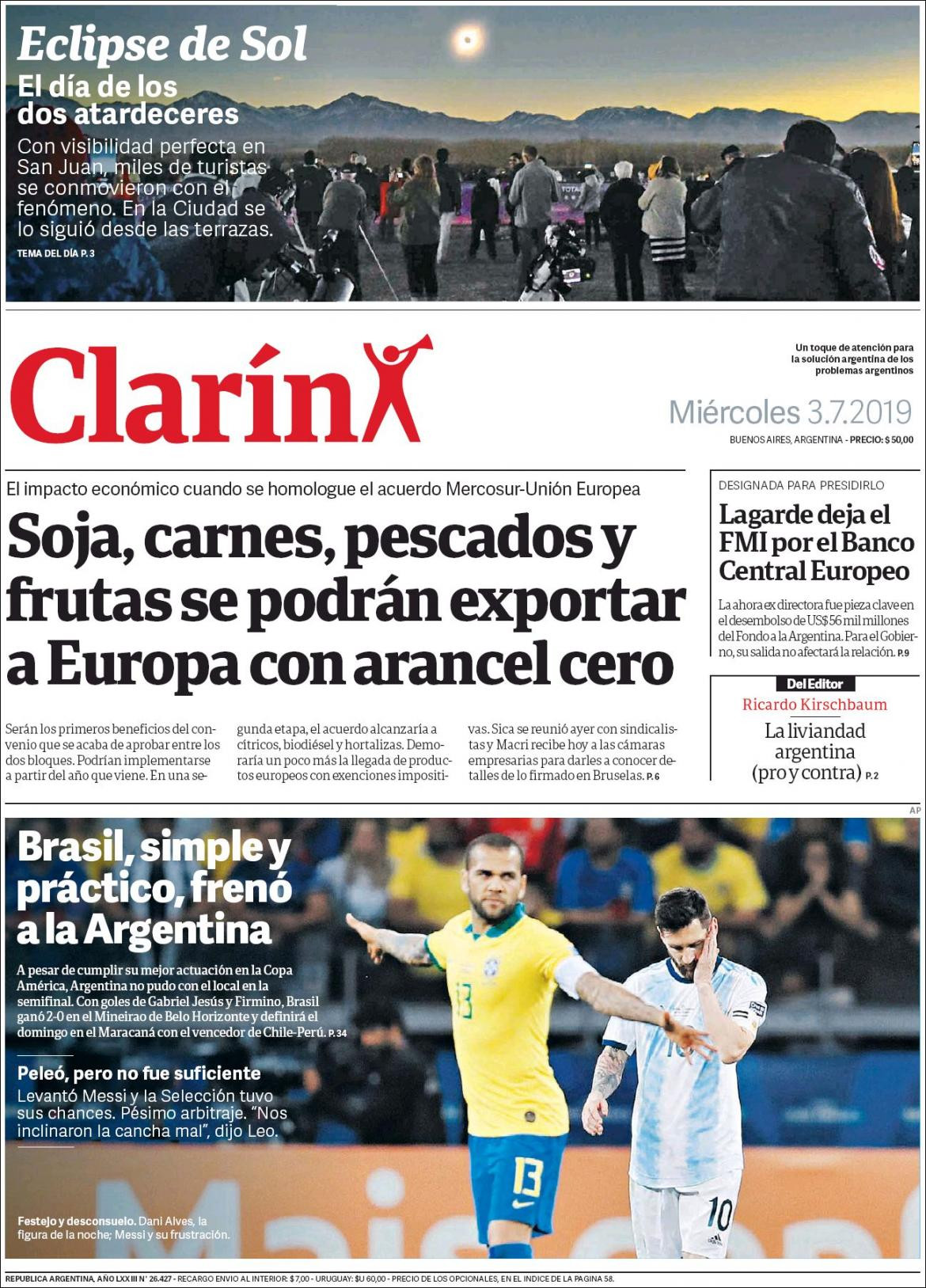 Tapas de diarios - Clarin miércoles 3-07-19