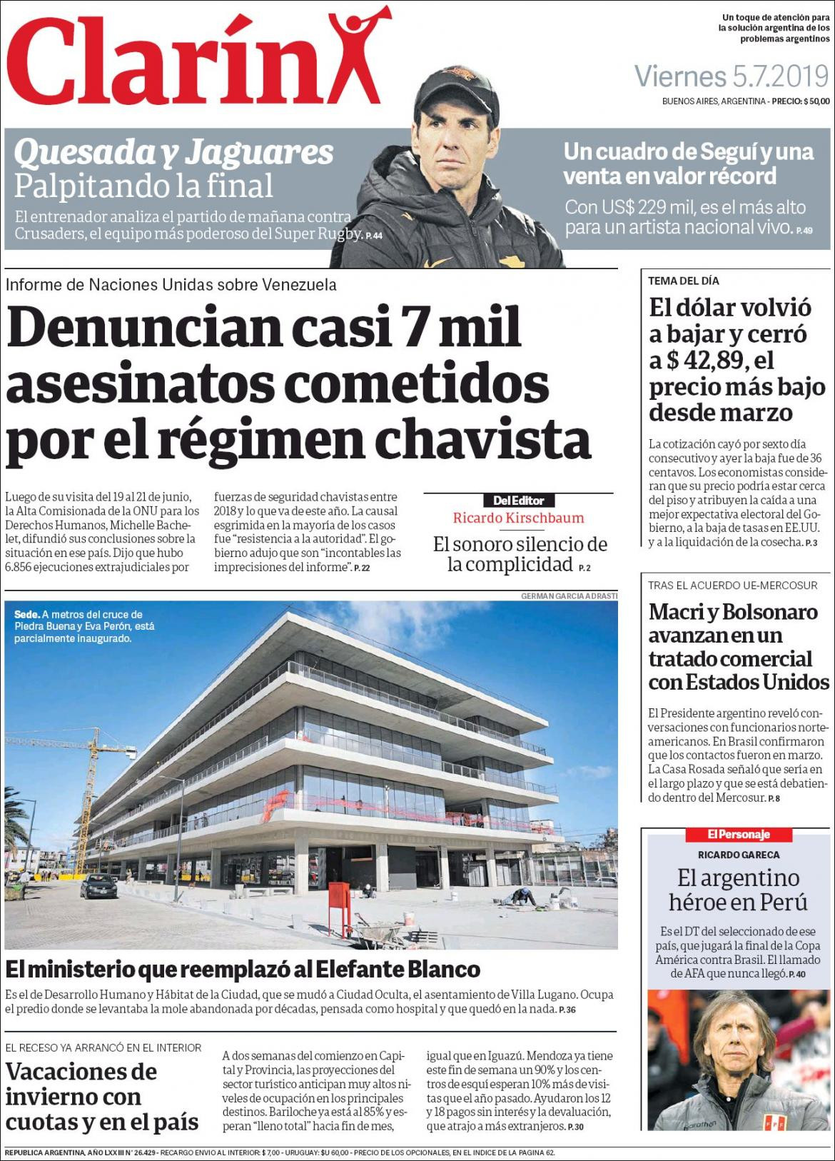 Tapas de diarios - Clarin viernes 05-07-19