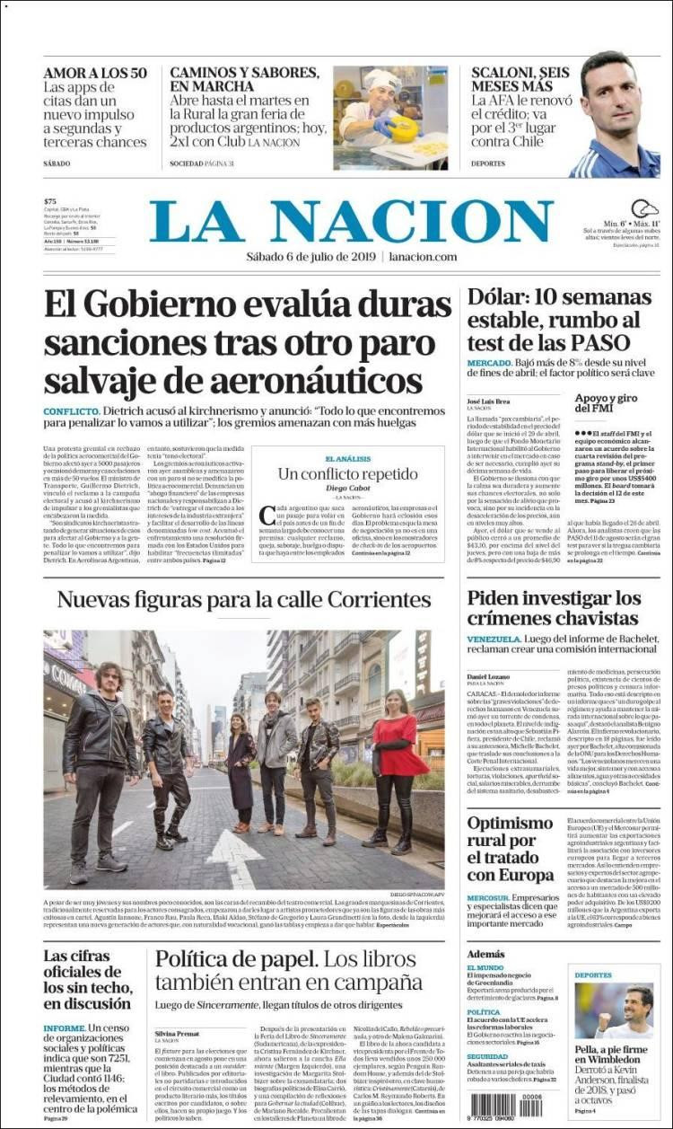 Tapas de diarios - La Nación sábado 6-07-19