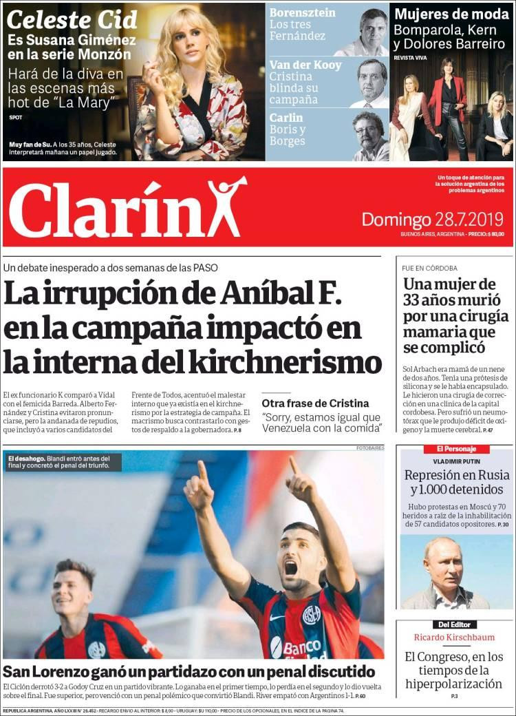 Tapas de diarios, Clarín, domingo 27-07-19