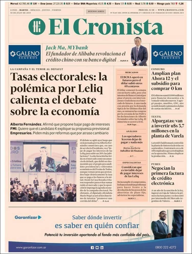 Tapas de diarios, El Cronista, martes 30-07-19