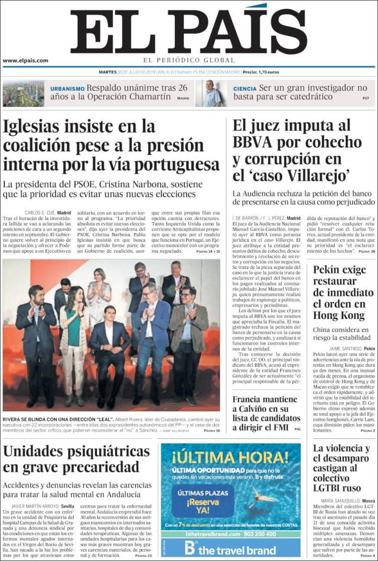 Tapas de diarios, El Pais de España, martes 30-07-19