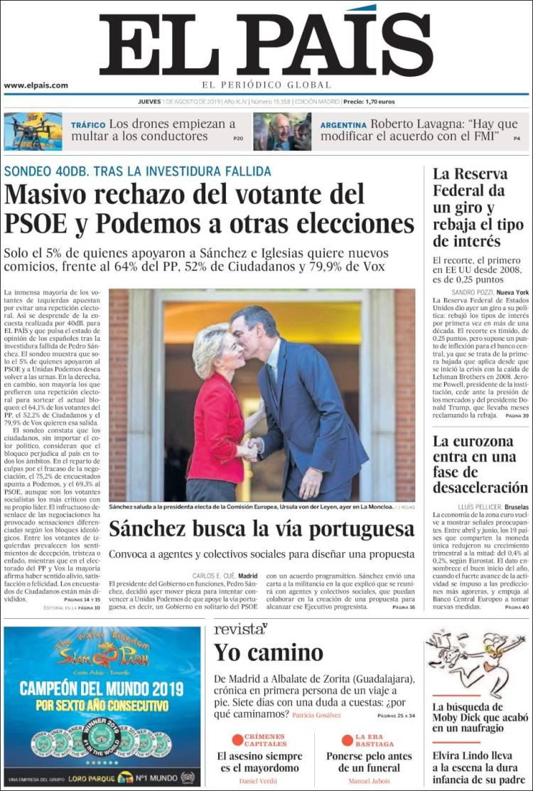 Tapas de diarios, El Pais de España, jueves 1 de agosto de 2019