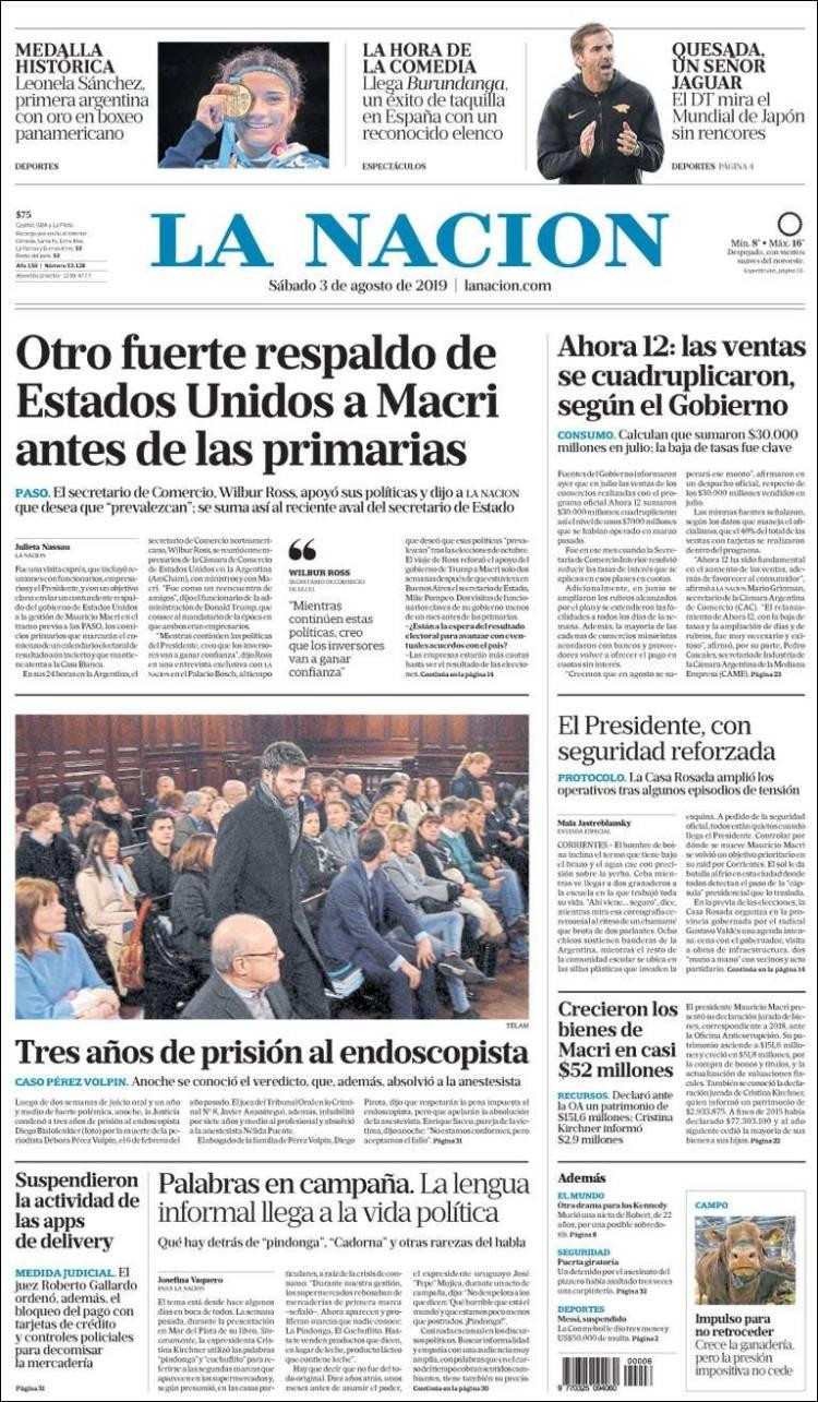 Tapas de diarios, La Nación, sábado 3 de agosto de 2019	