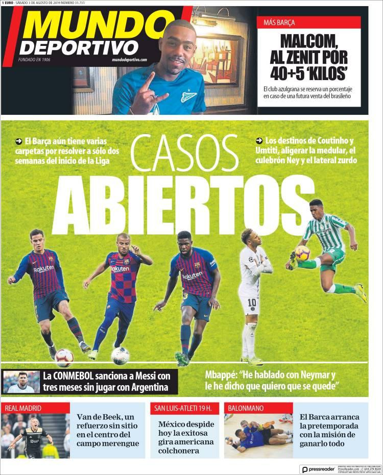 Tapas de diarios, Mundo Deportivo, sábado 3 de agosto de 2019	