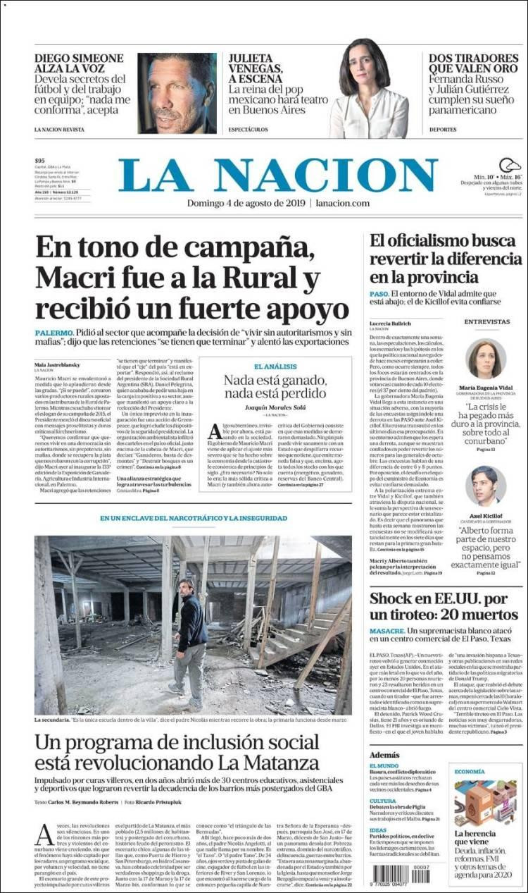 Tapas de diarios argentinos, La Nación, domingo 4 de agosto de 2019	