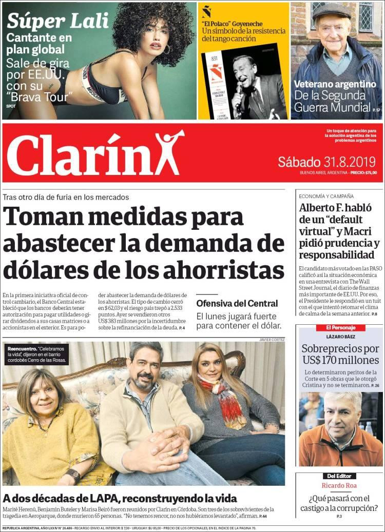 Tapas de diarios, Clarín, sábado 31 de agosto de 2019