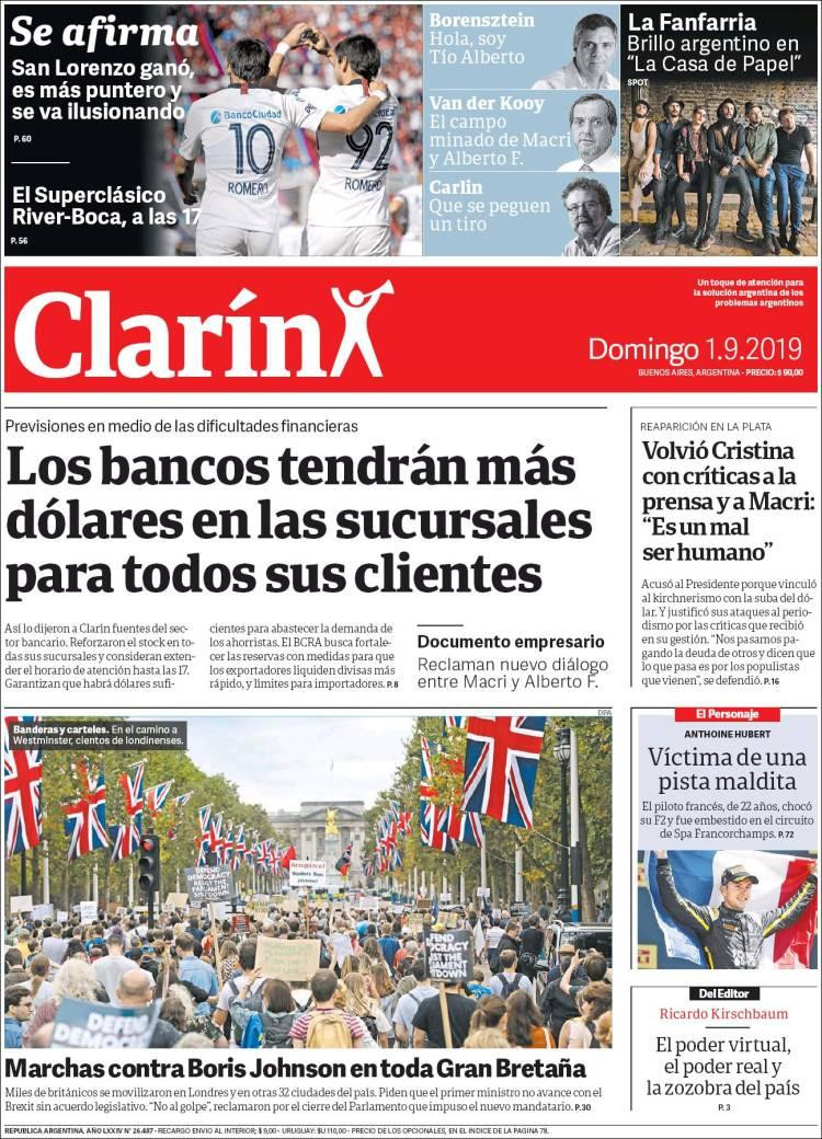 Tapas de diarios, Clarín, domingo 1 de septiembre de 2019