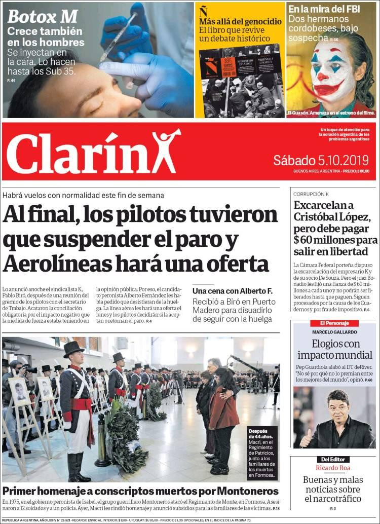 Tapas de diarios, Clarín, sábado 5-10-19