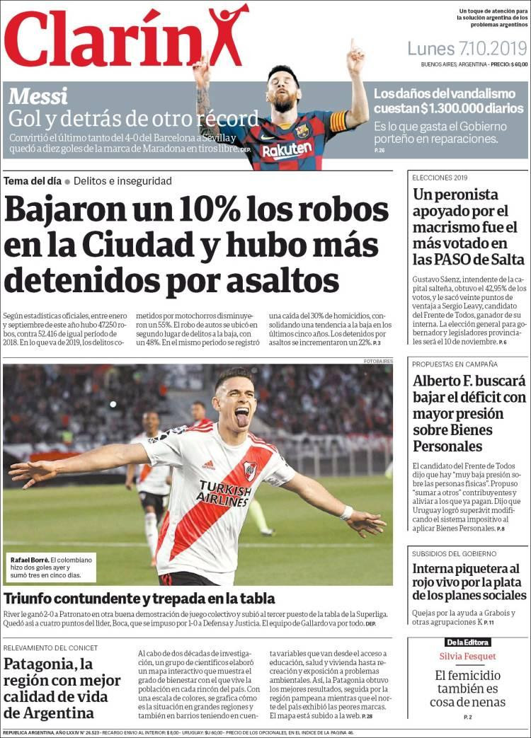 Tapas de diarios, Clarín, 7 de octubre de 2019