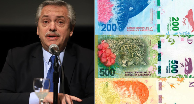 Alberto Fernández y billetes argentinos con animales