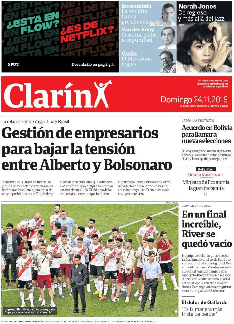 Tapas de diarios, Clarín, domingo 23 de noviembre de 2019