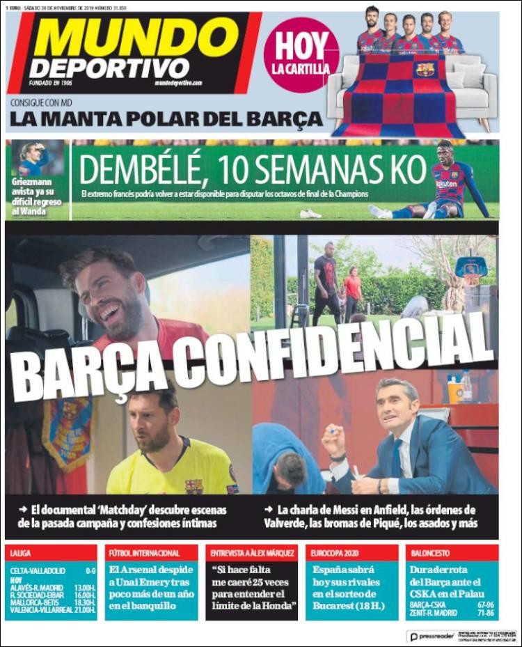 Tapas de diarios, Mundo Deportivo de España, sábado 30 de noviembre de 2019