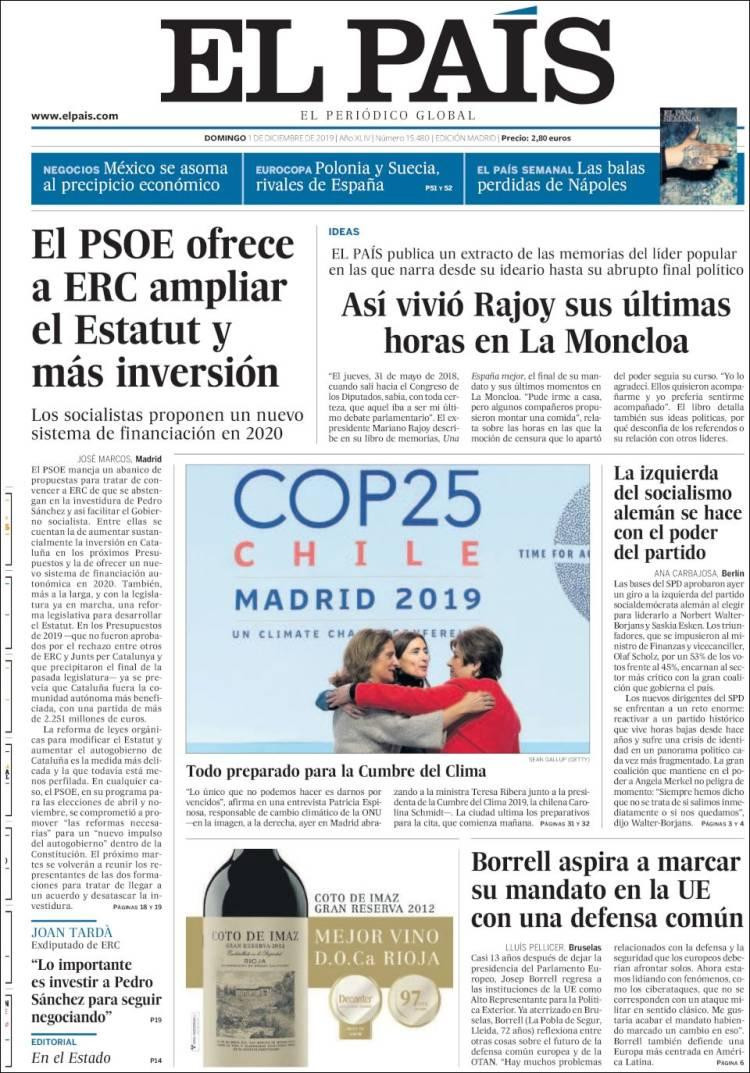 Tapas de diarios, El Pais de España, domingo 01-12-19