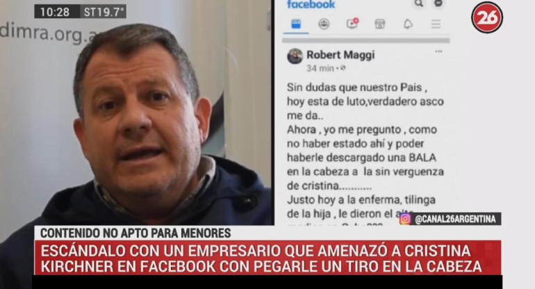 Amenaza de empresario cordobés a Cristina Kirchner, nota en Canal 26