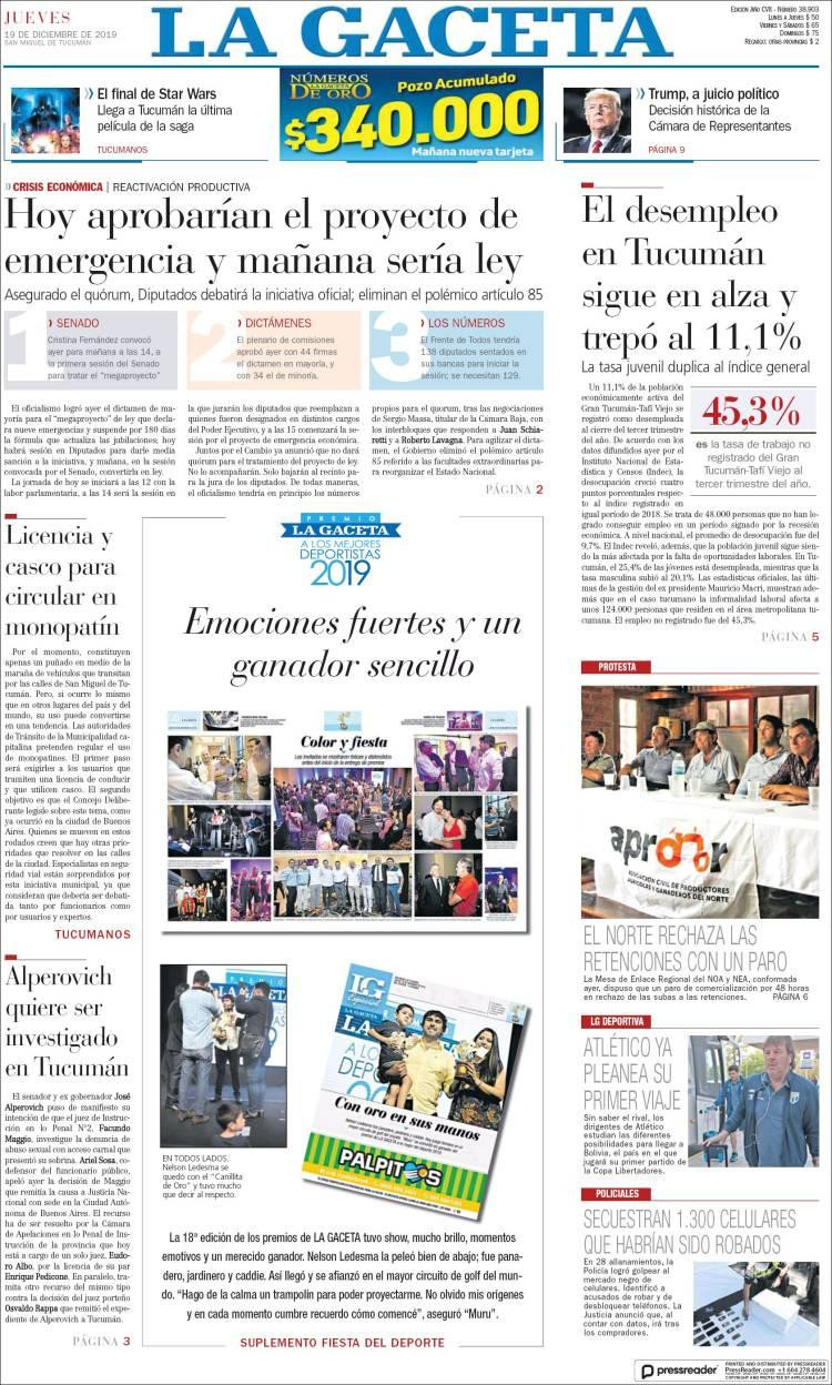 Tapa de La Gaceta, 19 de diciembre de 2019