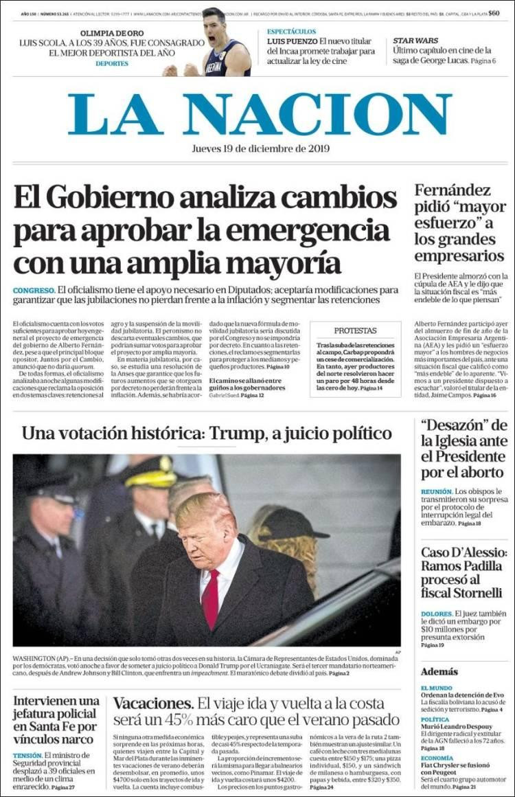 Tapa de La Nación, 19 de diciembre de 2019