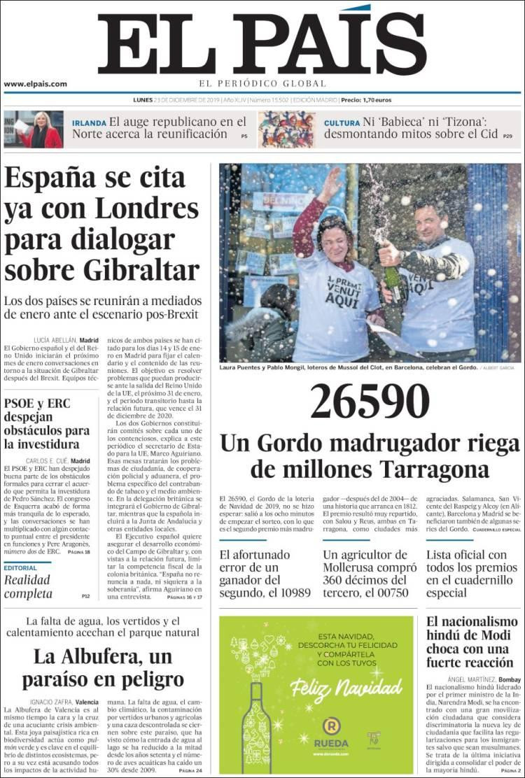 Tapas de diarios, El Pais de España, lunes 23 de diciembre de 2019