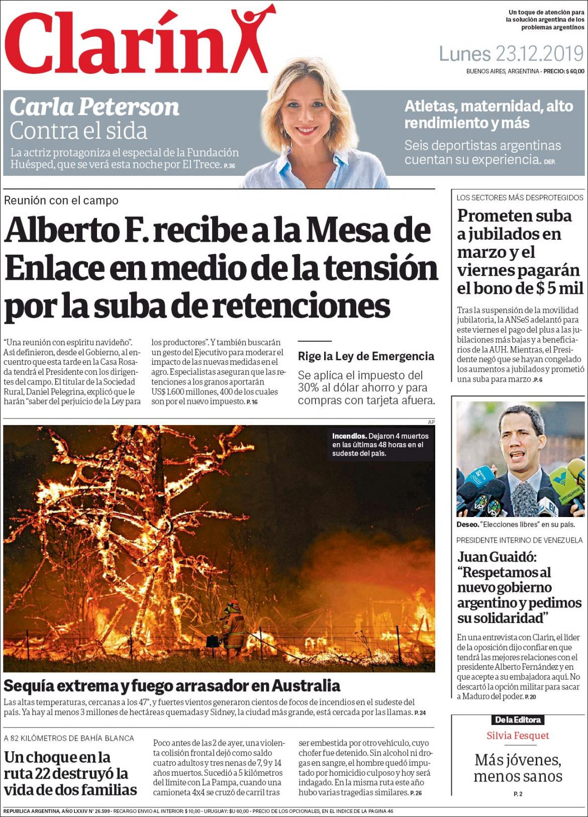 Tapas de diarios, Clarin, lunes 23 de diciembre de 2019