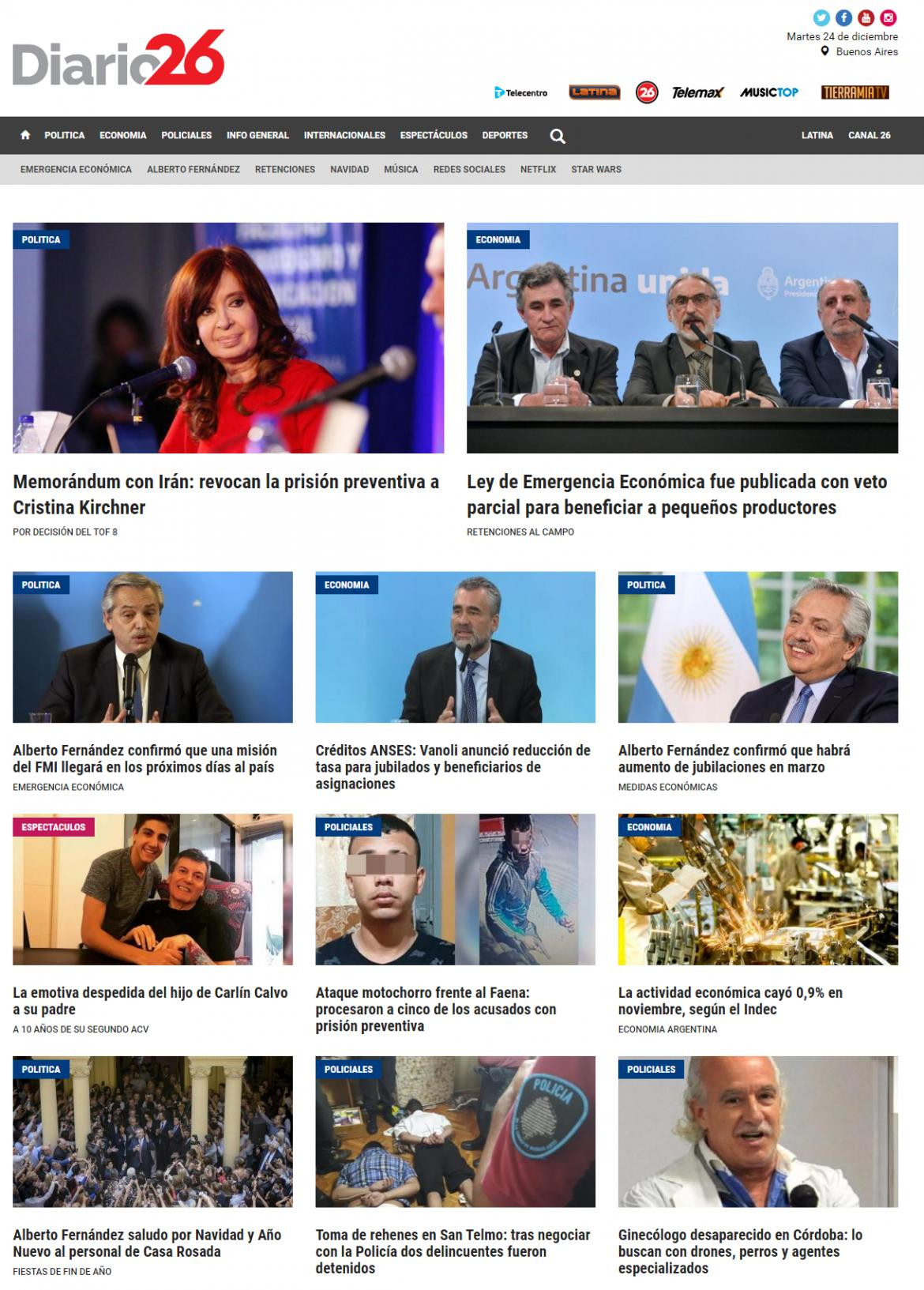 Tapas de diarios, Diario 26, martes 24 de diciembre de 2019