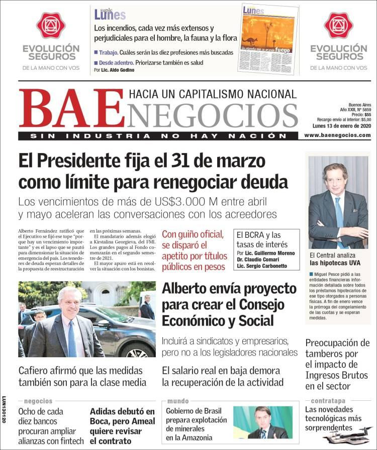 Tapas de diarios, BAE, lunes 13 de enero de 2020