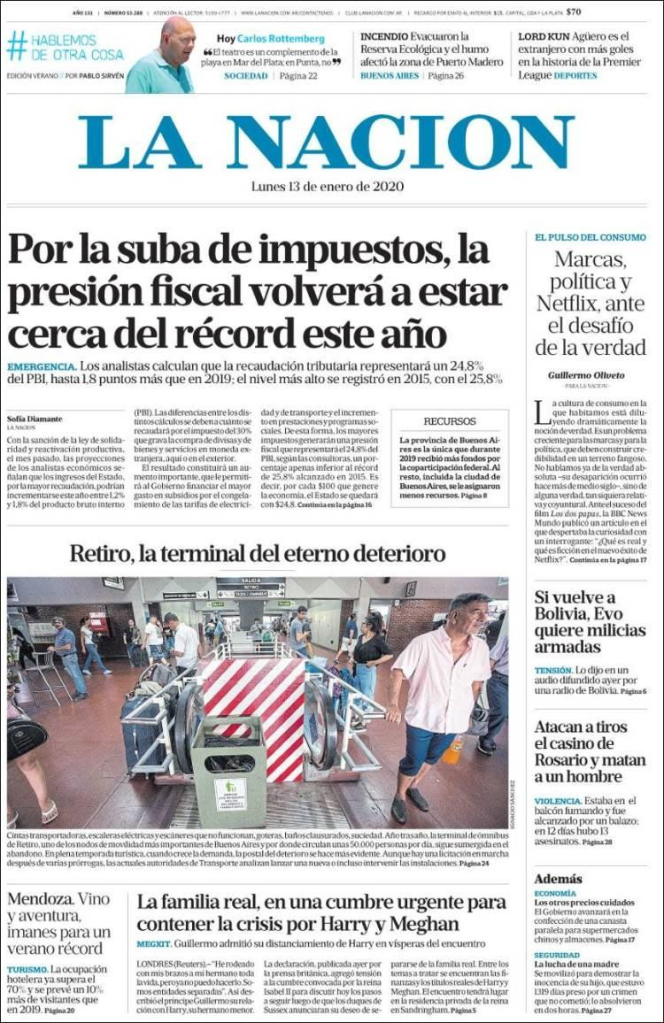 Tapas de diarios, La Nación, lunes 13 de enero de 2020