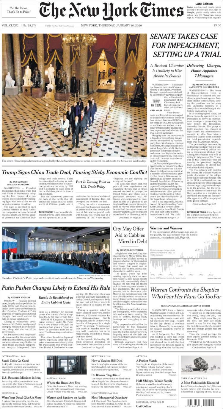 Tapas de diarios, New York Times, jueves 16 de enero de 2020