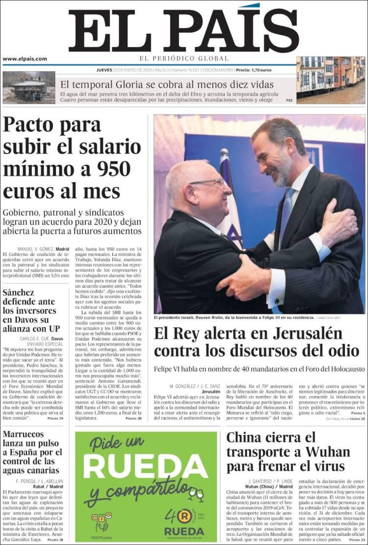 Tapas de diarios, El País, jueves 23 de enero de 2020