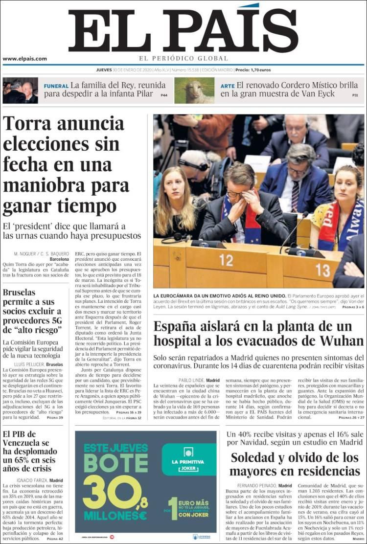 Tapas de diarios, El País, jueves 30 de enero de 2020