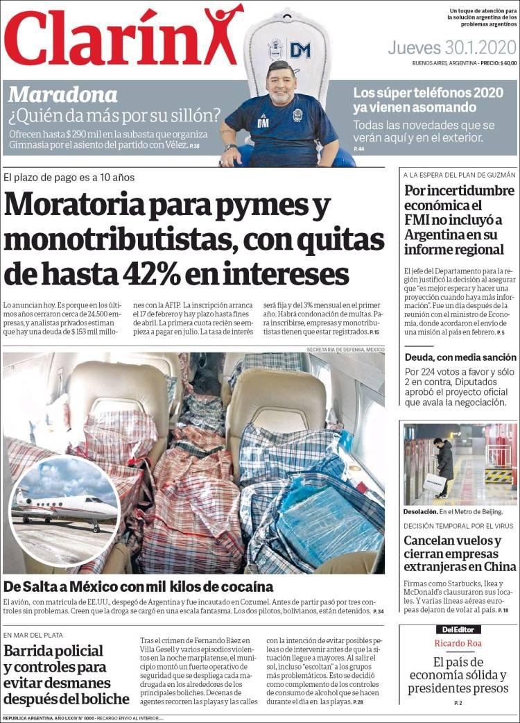 Tapas de diarios, Clarín, jueves 30 de enero de 2020