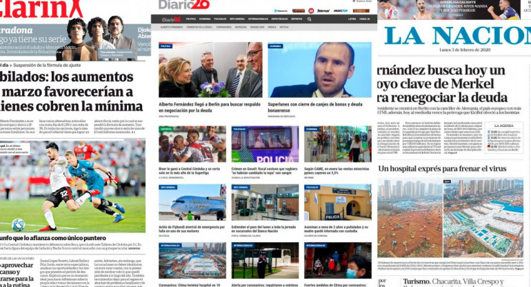 Tapas de diarios argentinos, Diario26, lunes 03-02-20	