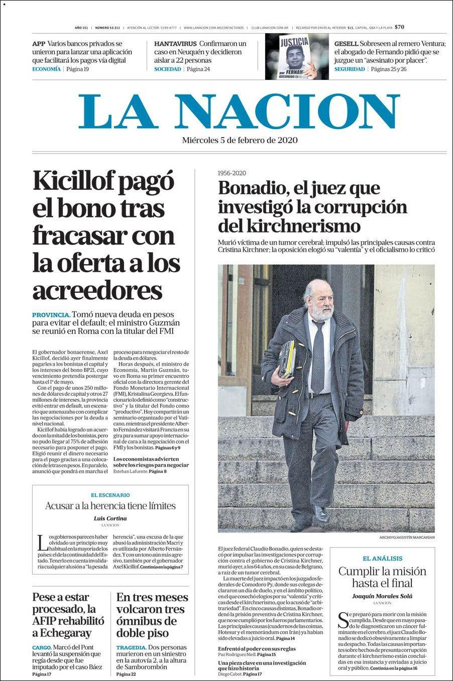 Tapas de Diarios, miércoles 5 de febrero de 2020, LA NACION