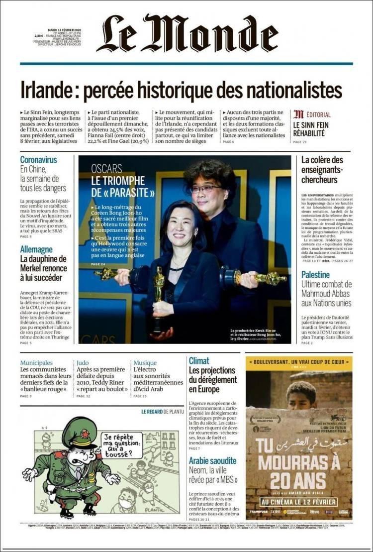 Tapas de Diarios, martes Le Monde 11 de febrero de 2020