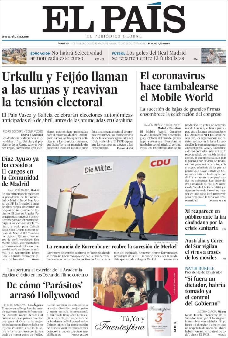 Tapas de Diarios, martes El País 11 de febrero de 2020