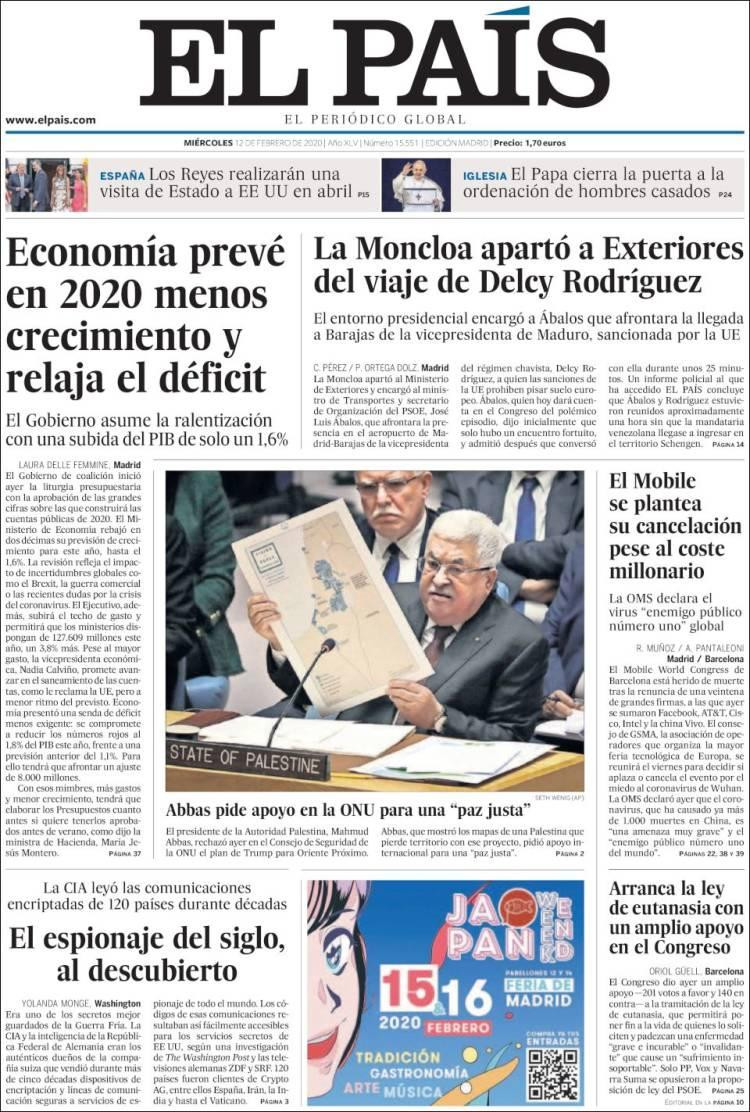 Tapas de Diarios, El País miércoles 12 de febrero de 2020