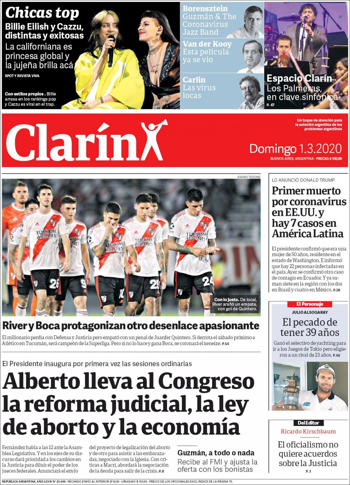 Tapas de diarios, Clarin, domingo 1 de marzo de 2020