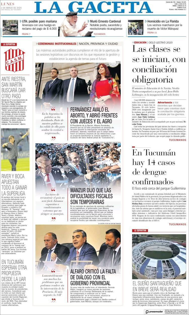 Tapa diarios, La Gaceta, lunes 2 de marzo de 2020|