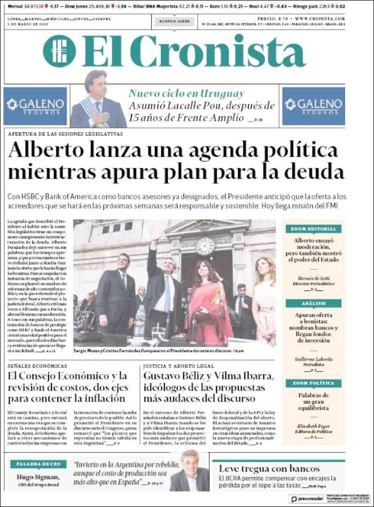 Tapa diarios, El Cronista, lunes 2 de marzo de 2020|