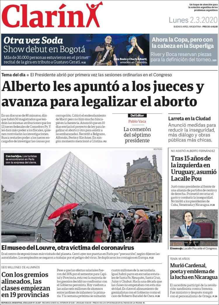 Tapa diarios, Clarín, lunes 2 de marzo de 2020|